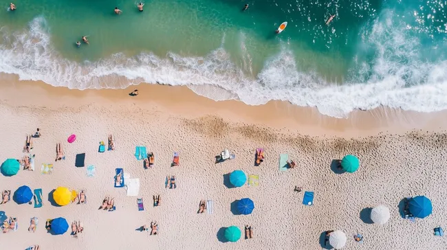 Luftaufnahme eines sonnigen Sandstrands mit Sonnenschirmen
