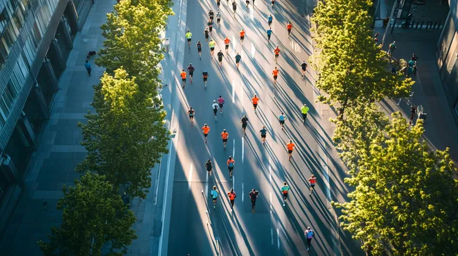 Luftaufnahme eines Stadtmarathons mit Läufern und Bäumen