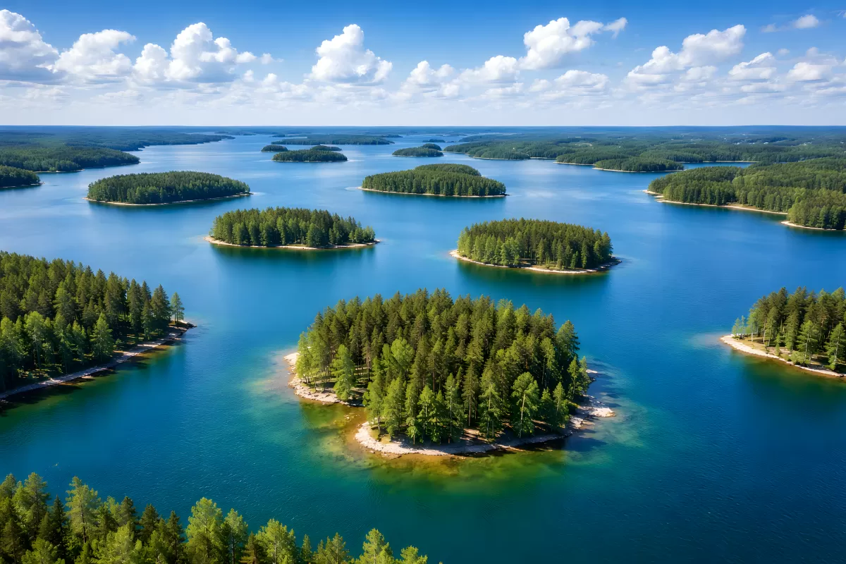 Luftaufnahme finnischer Seenlandschaft mit Waldinseln