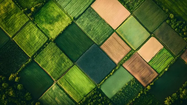 Luftaufnahme von Ackerfeldern mit geometrischen Mustern