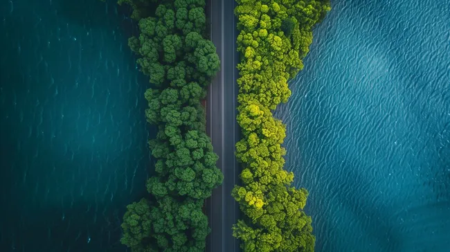Luftaufnahme von Straße zwischen Wald und See