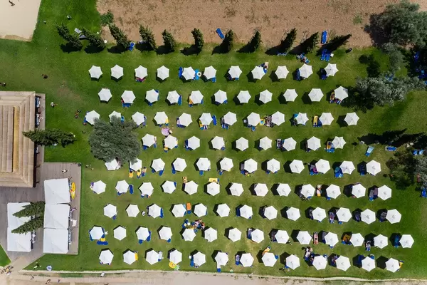 Luftbild von weißen Sonnenschirmen in mehreren Reihen, auf einer grünen Wiese