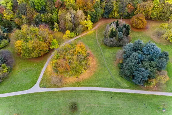 Luftbild zeigt oranges und rotes Laub der Bäume auf der Wiese des Forstbotanischen Gartens Köln