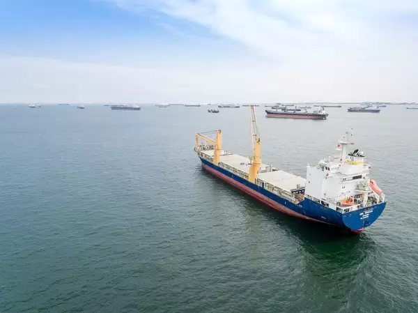 Luftbildaufnahme: Frachtschiffe vor Singapur