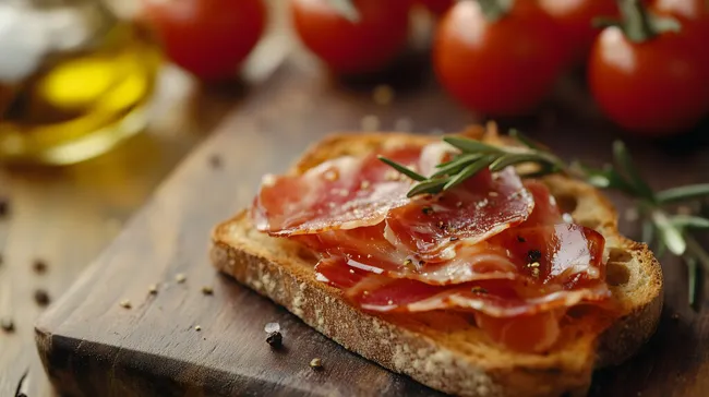 Luftgetrockneter Schinken auf knusprigem Brotscheibe