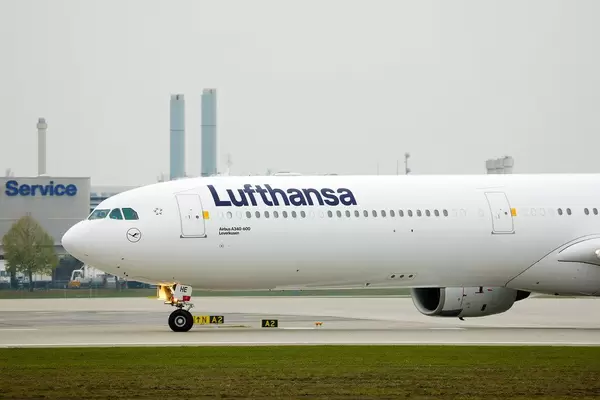 Lufthansa Airbus A340 in Munich Airport, close-up view