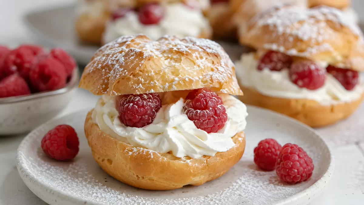Luftige Windbeutel mit Sahne und Himbeeren