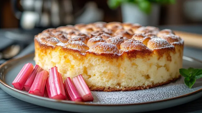 Luftiger Rhabarberkuchen mit goldfarbener Kruste