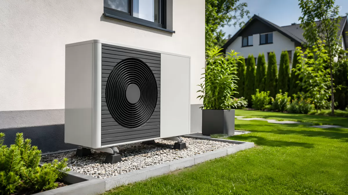 Luftwärmepumpe am Einfamilienhaus im Garten