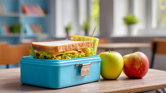 Lunchbox mit frischem Sandwich und Äpfeln im Klassenzimmer