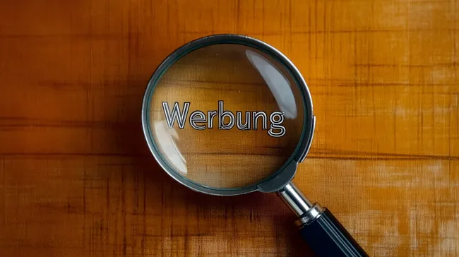 Lupe fokussiert auf das Wort 'Werbung' auf Holzhintergrund