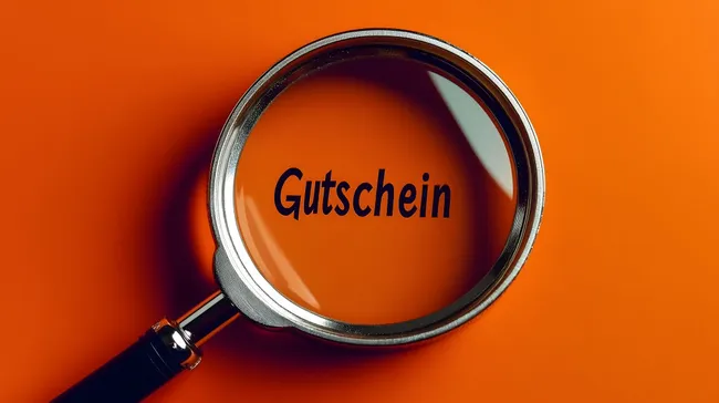 Lupe hebt 'Gutschein' Text hervor auf orangefarbenem Hintergrund