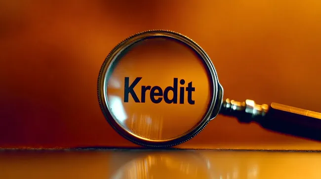 Lupe über dem Wort 'Kredit' auf orangefarbenem Hintergrund