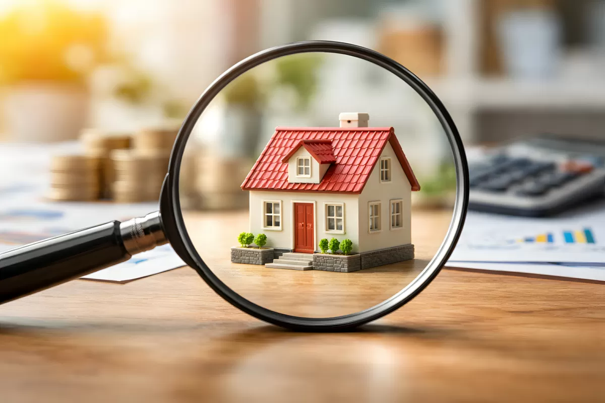 Lupe über Hausmodell mit Münzen und Taschenrechner