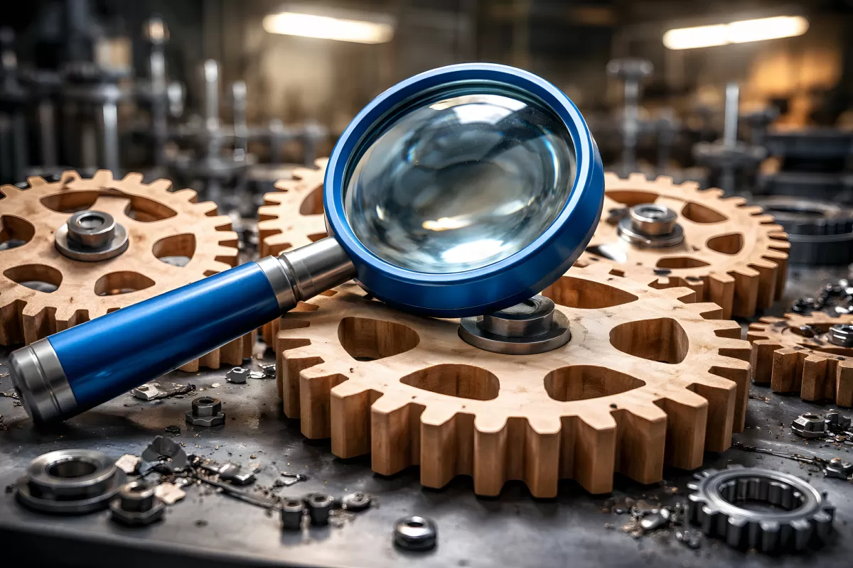 Lupe über Holzzahnrädern in einer Werkstatt