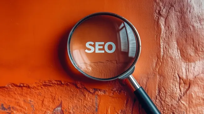 Lupe und SEO-Begriff auf orange Wand