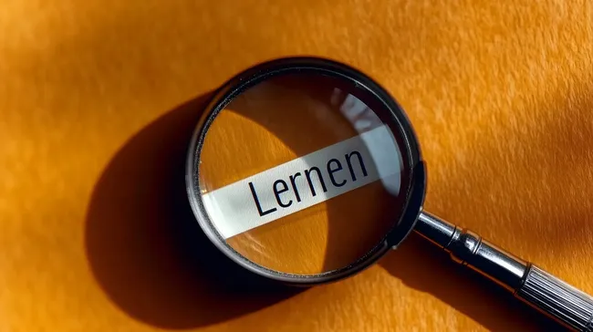 Lupe zeigt den Begriff 'Lernen' auf orangefarbener Oberfläche