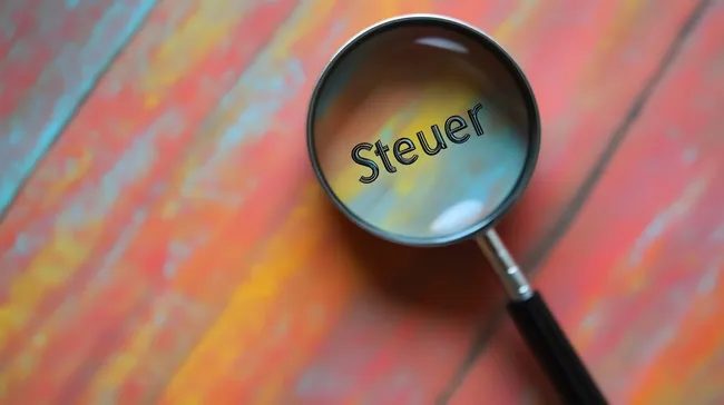 Lupenförmiges Glas enthüllt das Wort 'Steuer' auf buntem Hintergrund