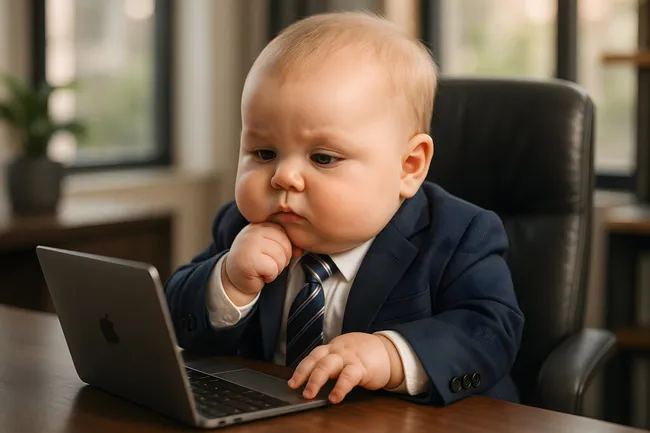 Lustig aussehender Babychef im Businessoutfit am Laptop