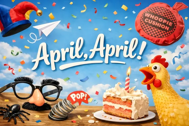 Lustige April-Spaß-Szene mit Kostümen und Torte