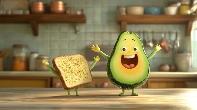 Lustige Avocado-Brot-Figuren tanzen fröhlich in moderner Küche