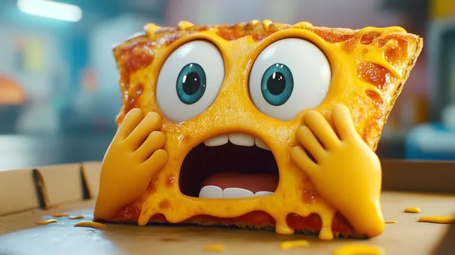 Lustige Cartoon-Pizzascheibe mit großen Augen und offenem Mund