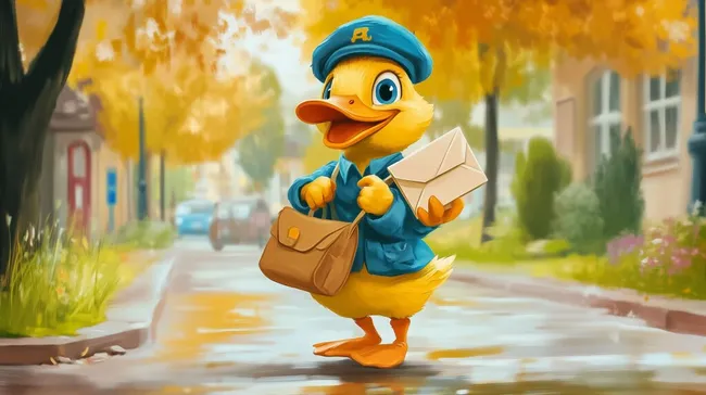 Lustige Ente als Brief- und Paketzusteller auf Herbstweg