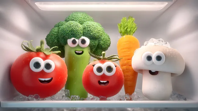Lustige Gemüsefiguren mit großen Augen im Kühlschrankfach