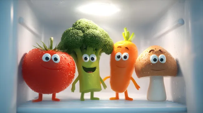 Lustige Gemüsefreunde in Kühlschrankumgebung