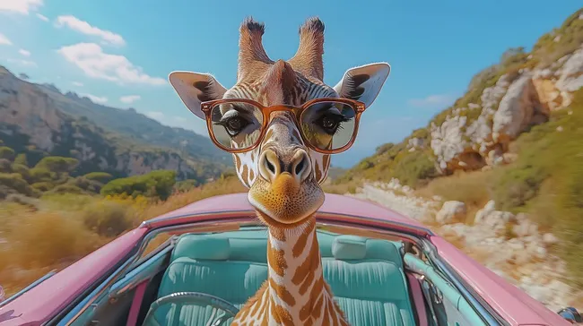 Lustige Giraffe im rosa Cabrio auf sonniger Bergstraße