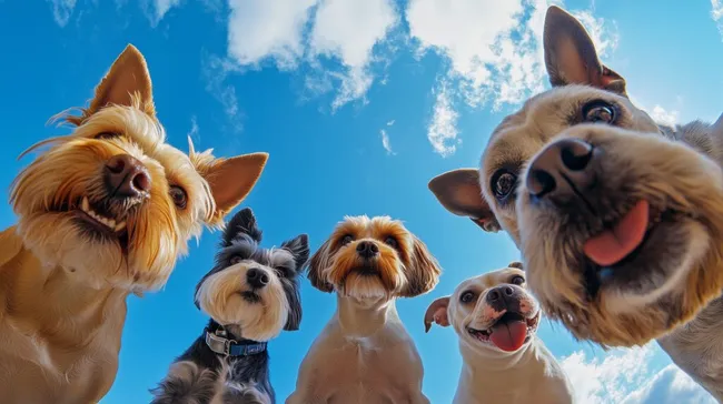 Lustige Hunde schauen fröhlich in die Kamera