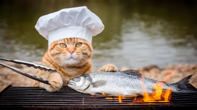 Lustige Katze beim Grillfisch in der Outdoor-Küche