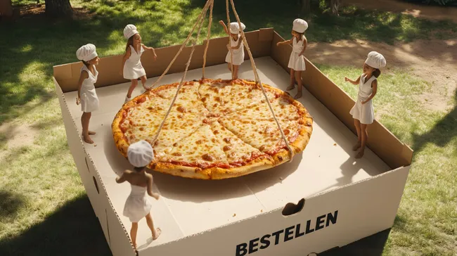 Lustige Köche heben riesige Käsepizza empor