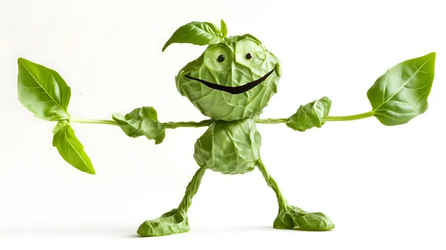 Lustige Kohlblatt-Figur mit Basilikum