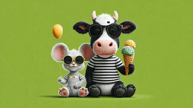 Lustige Kuh und Maus mit Sonnenbrille auf grünem Hintergrund