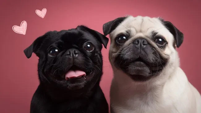 Lustige Möpse mit Herzen vor rosa Hintergrund