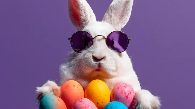 Lustige Osterhase mit Sonnenbrille und bunten Eiern