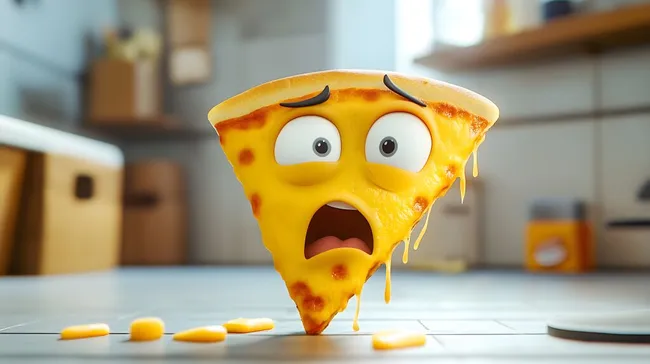 Lustige Pizza-Figur mit ängstlichem Gesichtsausdruck