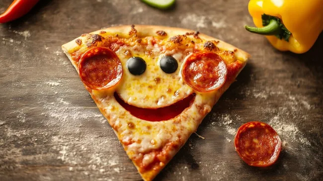 Lustige Pizza-Scheibe mit lächelndem Gesicht