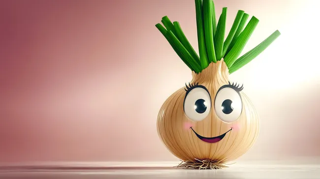 Lustige Zwiebel-Cartoon mit großen Augen und grünem Stiel