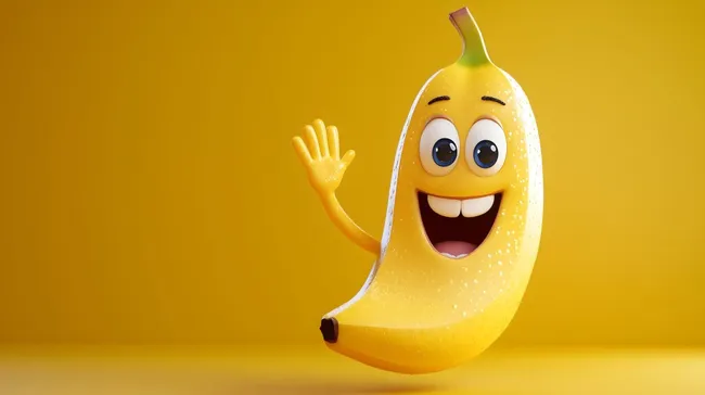 Lustiger 3D-Cartoon-Bananenkörper mit fröhlichem Gesicht