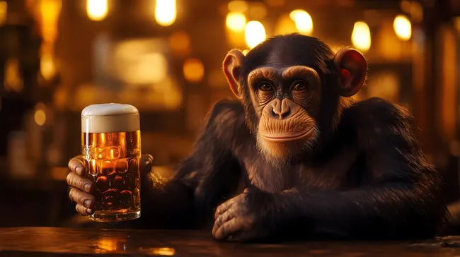 Lustiger Affe mit Bierkrug in Bar