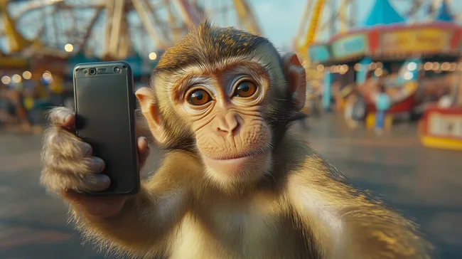 Lustiger Affe mit Smartphone am Rummelplatz