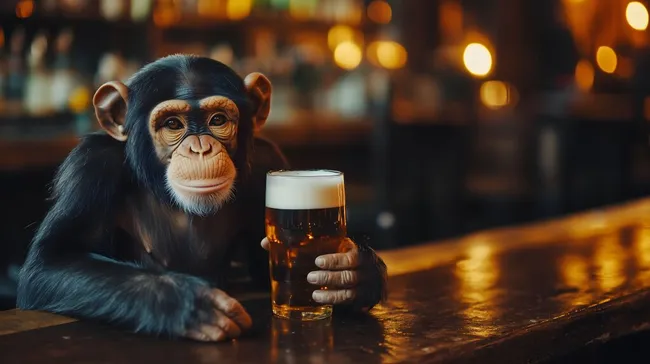 Lustiger Affe trinkt Bier in gemütlicher Bar-Atmosphäre