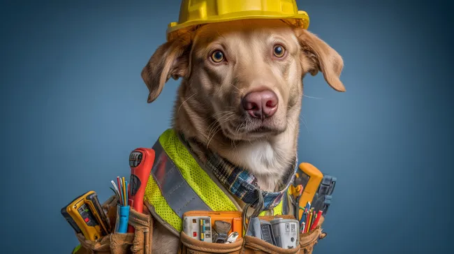 Lustiger Bauarbeiter-Hund im Schutzhelm und Warnweste
