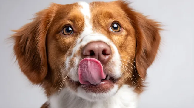 Lustiger Blick eines Hundes mit rosa Zunge