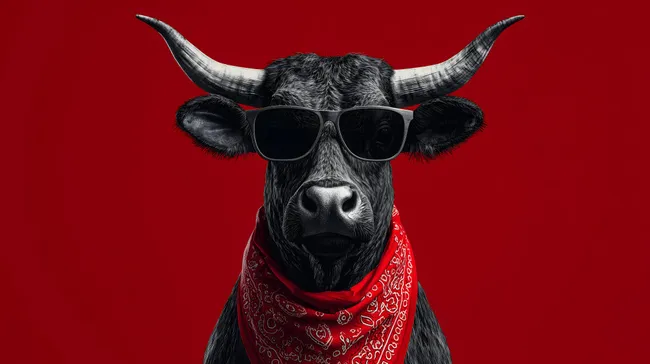 Lustiger Bulle mit Sonnenbrille und Bandana vor rotem Hintergrund