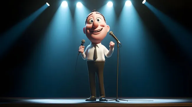 Lustiger Comedian auf beleuchteter Bühne