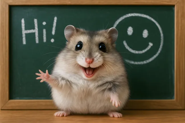 Lustiger Dsungarenhamster begrüßt fröhlich an Kreidetafel