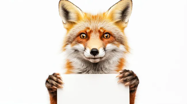 Lustiger Fuchs hält leeres Schild auf weißem Hintergrund
